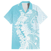 Polynesian Turquoise Plumeria Lei Family Matching Tank Maxi Dress and Hawaiian Shirt with Hammerhead Shark