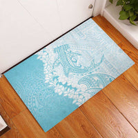 Polynesian Turquoise Plumeria Lei Rubber Doormat with Hammerhead Shark