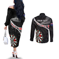 Personalised New Zealand Darts Couples Matching Off The Shoulder Long Sleeve Dress and Long Sleeve Button Shirt Maori Manaia LT7 - Polynesian Pride