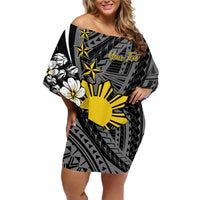 Philippines Sampaguita Personalised Family Matching Off Shoulder Short Dress and Hawaiian Shirt Women's Day LT7 Mom's Dress Black - Polynesian Pride