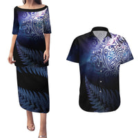 New Zealand Aotearoa Matariki Couples Matching Puletasi and Hawaiian Shirt Starry Silver Fern LT7 Galaxy - Polynesian Pride