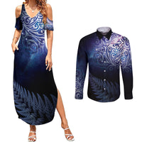 New Zealand Aotearoa Matariki Couples Matching Summer Maxi Dress and Long Sleeve Button Shirt Starry Silver Fern LT7 Galaxy - Polynesian Pride