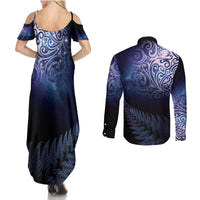 New Zealand Aotearoa Matariki Couples Matching Summer Maxi Dress and Long Sleeve Button Shirt Starry Silver Fern LT7 - Polynesian Pride