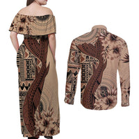 Bula Fiji Couples Matching Off Shoulder Maxi Dress and Long Sleeve Button Shirt Shark Tail Beige Masi Tapa