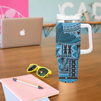 Bula Fiji Personalised Tumbler With Handle Shark Tail Turquoise Masi Tapa LT7 - Polynesian Pride