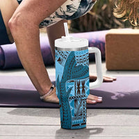 Bula Fiji Personalised Tumbler With Handle Shark Tail Turquoise Masi Tapa LT7 - Polynesian Pride