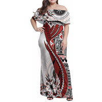 Bula Fiji Family Matching Off Shoulder Maxi Dress and Hawaiian Shirt Shark Tail White Masi Tapa