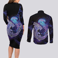 Polynesian Aumakua Couples Matching Long Sleeve Bodycon Dress and Long Sleeve Button Shirt Jellyfish with Shark - Polynesian Pride