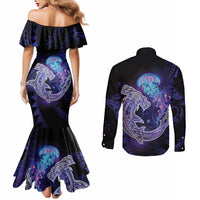 Polynesian Aumakua Couples Matching Mermaid Dress and Long Sleeve Button Shirt Jellyfish with Shark - Polynesian Pride