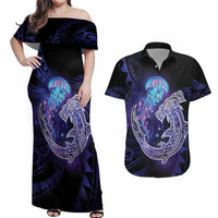 Polynesian Aumakua Couples Matching Off Shoulder Maxi Dress and Hawaiian Shirt Jellyfish with Shark - Polynesian Pride
