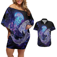 Polynesian Aumakua Couples Matching Off Shoulder Short Dress and Hawaiian Shirt Jellyfish with Shark - Polynesian Pride