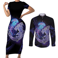 Polynesian Aumakua Couples Matching Short Sleeve Bodycon Dress and Long Sleeve Button Shirt Jellyfish with Shark - Polynesian Pride