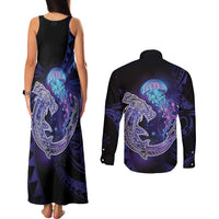 Polynesian Aumakua Couples Matching Tank Maxi Dress and Long Sleeve Button Shirt Jellyfish with Shark - Polynesian Pride