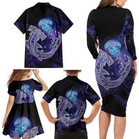 Polynesian Aumakua Family Matching Long Sleeve Bodycon Dress and Hawaiian Shirt Jellyfish with Shark - Polynesian Pride