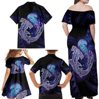 Polynesian Aumakua Family Matching Off Shoulder Maxi Dress and Hawaiian Shirt Jellyfish with Shark - Polynesian Pride