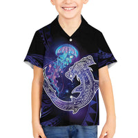 Polynesian Aumakua Family Matching Off Shoulder Short Dress and Hawaiian Shirt Jellyfish with Shark - Polynesian Pride