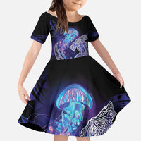 Polynesian Aumakua Kid Short Sleeve Dress Jellyfish with Shark - Polynesian Pride