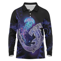 Polynesian Aumakua Long Sleeve Polo Shirt Jellyfish with Shark - Polynesian Pride