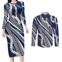 Polynesian Puakeniken Pikake Twisted Lei Couples Matching Long Sleeve Bodycon Dress and Long Sleeve Button Shirt Navy Blue - Polynesian Pride