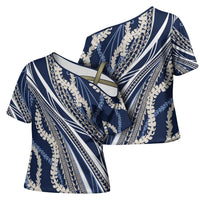 Polynesian Puakeniken Pikake Twisted Lei Cross Shoulder Shirt Navy Blue - Polynesian Pride