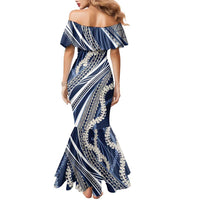 Polynesian Puakeniken Pikake Twisted Lei Family Matching Mermaid Dress and Hawaiian Shirt Navy Blue - Polynesian Pride
