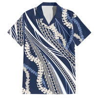 Polynesian Puakeniken Pikake Twisted Lei Family Matching Off Shoulder Short Dress and Hawaiian Shirt Navy Blue - Polynesian Pride