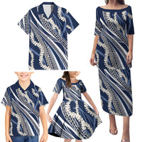 Polynesian Puakeniken Pikake Twisted Lei Family Matching Puletasi and Hawaiian Shirt Navy Blue - Polynesian Pride