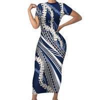 Polynesian Puakeniken Pikake Twisted Lei Family Matching Short Sleeve Bodycon Dress and Hawaiian Shirt Navy Blue - Polynesian Pride