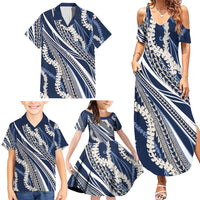 Polynesian Puakeniken Pikake Twisted Lei Family Matching Summer Maxi Dress and Hawaiian Shirt Navy Blue - Polynesian Pride