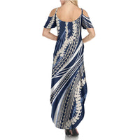 Polynesian Puakeniken Pikake Twisted Lei Family Matching Summer Maxi Dress and Hawaiian Shirt Navy Blue - Polynesian Pride
