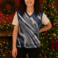 Polynesian Puakeniken Pikake Twisted Lei Christmas Knitted V-Neck Vest Navy Blue - Polynesian Pride