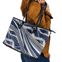 Polynesian Puakeniken Pikake Twisted Lei Leather Tote Bag Navy Blue - Polynesian Pride