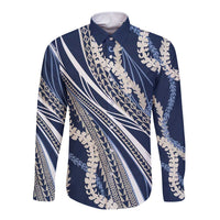 Polynesian Puakeniken Pikake Twisted Lei Long Sleeve Button Shirt Navy Blue - Polynesian Pride