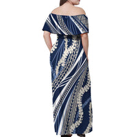 Polynesian Puakeniken Pikake Twisted Lei Off Shoulder Maxi Dress Navy Blue - Polynesian Pride
