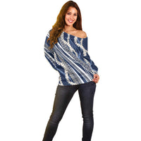 Polynesian Puakeniken Pikake Twisted Lei Off Shoulder Sweater Navy Blue - Polynesian Pride