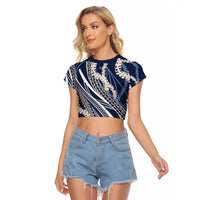 Polynesian Puakeniken Pikake Twisted Lei Raglan Cropped T Shirt Navy Blue - Polynesian Pride