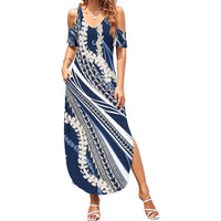 Polynesian Puakeniken Pikake Twisted Lei Summer Maxi Dress Navy Blue LT7 Women Navy Blue - Polynesian Pride
