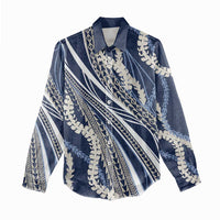 Polynesian Puakeniken Pikake Twisted Lei Women Casual Shirt Navy Blue - Polynesian Pride