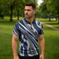 Polynesian Puakeniken Pikake Twisted Lei Zipper Polo Shirt Navy Blue - Polynesian Pride