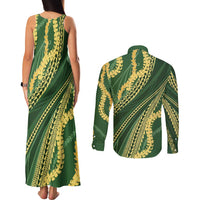 Polynesian Puakeniken Pikake Twisted Lei Couples Matching Tank Maxi Dress and Long Sleeve Button Shirt Emerald LT7 - Polynesian Pride