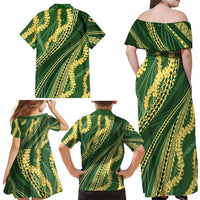 Polynesian Puakeniken Pikake Twisted Lei Family Matching Off Shoulder Maxi Dress and Hawaiian Shirt Emerald - Polynesian Pride