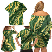 Polynesian Puakeniken Pikake Twisted Lei Family Matching Off Shoulder Short Dress and Hawaiian Shirt Emerald - Polynesian Pride
