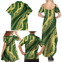 Polynesian Puakeniken Pikake Twisted Lei Family Matching Summer Maxi Dress and Hawaiian Shirt Emerald - Polynesian Pride