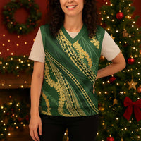 Polynesian Puakeniken Pikake Twisted Lei Christmas Knitted V-Neck Vest Emerald - Polynesian Pride