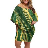 Polynesian Puakeniken Pikake Twisted Lei Off Shoulder Short Dress Emerald - Polynesian Pride