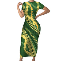 Polynesian Puakeniken Pikake Twisted Lei Short Sleeve Bodycon Dress Emerald LT7 Long Dress Emerald - Polynesian Pride