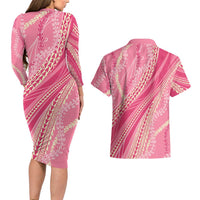 Polynesian Puakeniken Pikake Twisted Lei Couples Matching Long Sleeve Bodycon Dress and Hawaiian Shirt Rose Pink - Polynesian Pride