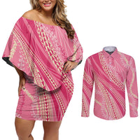 Polynesian Puakeniken Pikake Twisted Lei Couples Matching Off Shoulder Short Dress and Long Sleeve Button Shirt Rose Pink - Polynesian Pride