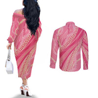 Polynesian Puakeniken Pikake Twisted Lei Couples Matching Off The Shoulder Long Sleeve Dress and Long Sleeve Button Shirt Rose Pink - Polynesian Pride