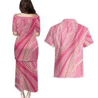 Polynesian Puakeniken Pikake Twisted Lei Couples Matching Puletasi and Hawaiian Shirt Rose Pink - Polynesian Pride